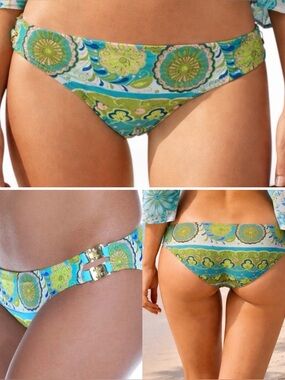 Trina Turk Woodblock Floral Goldtone Accent Hipster Bikini Bottom Multi Sz 4 NEW